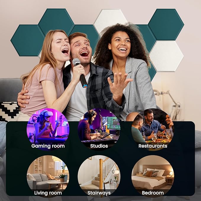 Self-Adhesive Acoustic Panels, 12 Pack Hexagon Sound Proof Foam Panels for Walls, High Density Noise Dampening Panels, 14"x 12"x 0.4" Sound Absorbing Panel for Home Studio Office-Dark Green