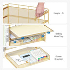 OPNICE Desk Organizer, 4-Tier Desktop File Organizer with Drawer and 2 Pen Holders, Office Desk Accessories, File Sorters, Workspace Organizers for Office Supplies(Gold)