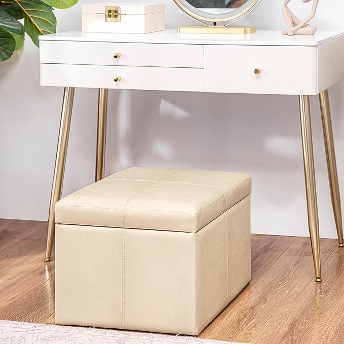 Adeco Faux Leather Cube Storage Ottoman, Warm Beige Ottomans for Living Room, Bedroom