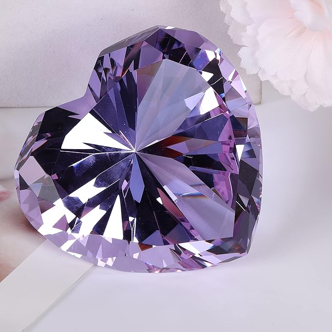 Purple Crystal Diamonds Paper Weights with Gift Box, 80mm Heart Shape Real Crystal Diamond Glass Gems Paperweight, Big Diamonds Birthday Anniversary Women Her Valentine's Day Gifts