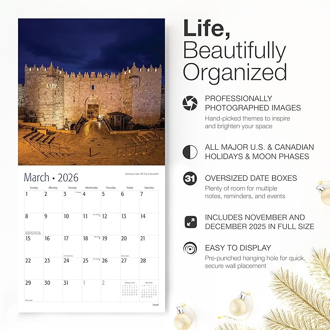 RED EMBER Israel 2026 Wall Calendar 12 Month | 12" x 24" Open | Thick & Sturdy Paper | Holiday Gift | Travel Calendar 2026