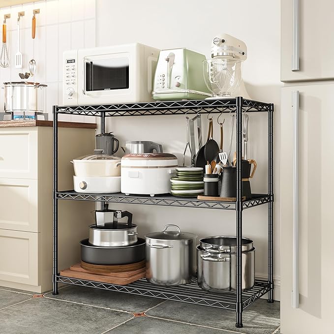 3- Shelf Metal Shelving Unit 35.6Wx14Dx36H,Adjustable Storage Shelves Heavy Duty Garage Steel Shelving for Office,Wire Rack Small Shelf for Kitchen Shelves Laundry Bathroom Pantry Closet Black