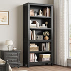 IDEALHOUSE 71" Farmhouse Bookshelf w/Adjustable Shelves & 31.5 in Whidth, 5 Tier Tall Bookshelf with Wooden Legs, Vintage Wooedn Book Shelf for Living Room Office (Black, 71.3" H x 31.5" W x 11.8" D)