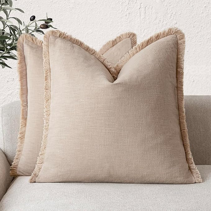 Foindtower Set of 2 Decorative Linen Fringe Throw Pillow Covers Boho Farmhouse Cushion Cover with Tassels Soft Accent Pillowcase for Couch Chair Sofa Bed Living Room Home Decor,18×18 Inch,Tan Beige