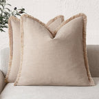 Foindtower Set of 2 Decorative Linen Fringe Throw Pillow Covers Boho Farmhouse Cushion Cover with Tassels Soft Accent Pillowcase for Couch Chair Sofa Bed Living Room Home Decor,18×18 Inch,Tan Beige