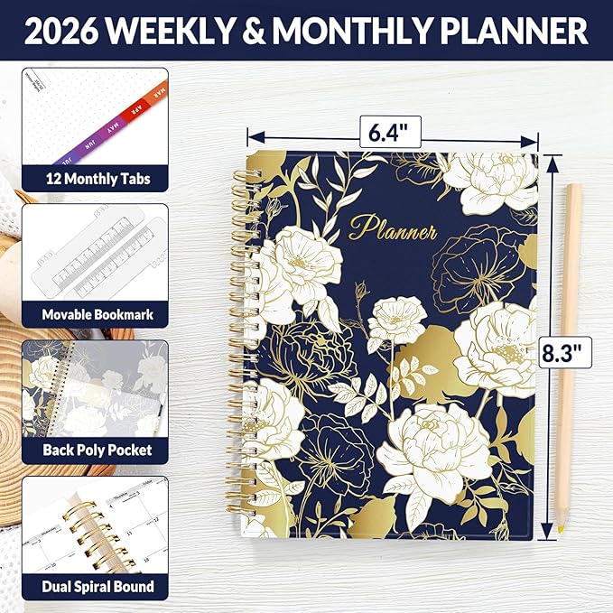 SUNEE 2026 Weekly and Monthly Planner - from January 2026 - December 2026, Daily Agenda Planner with Monthly Tab, Flexible Cover, Note Pages, Pockets, Bookmark, Spiral Binding, Vintage Floral, 6.4" x 8.3"