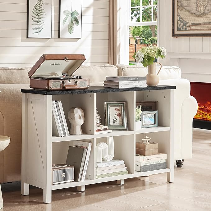 Joaxswe Farmhouse 6 Cube Bookshelf, Antique White & Black Wooden Storage Organizer Book Shelf, 47" Cubby Hallway Bookcase, Kids Toy Storage Cabinet, Modern Open Book Case for Living Room, Playroom