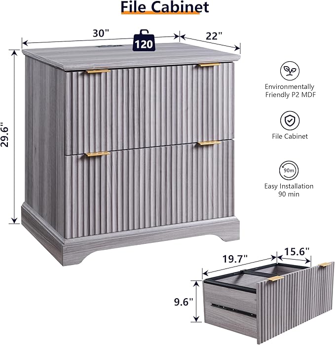 JXQTLINGMU 2 Drawer File Cabinet with Charging Station, 30" Fluted Lateral File Cabinet w/Files Hanging Rod for Letter/Legal/A4, Large Tabletop for Printer, Office Wood Printer Cabinets, Grey