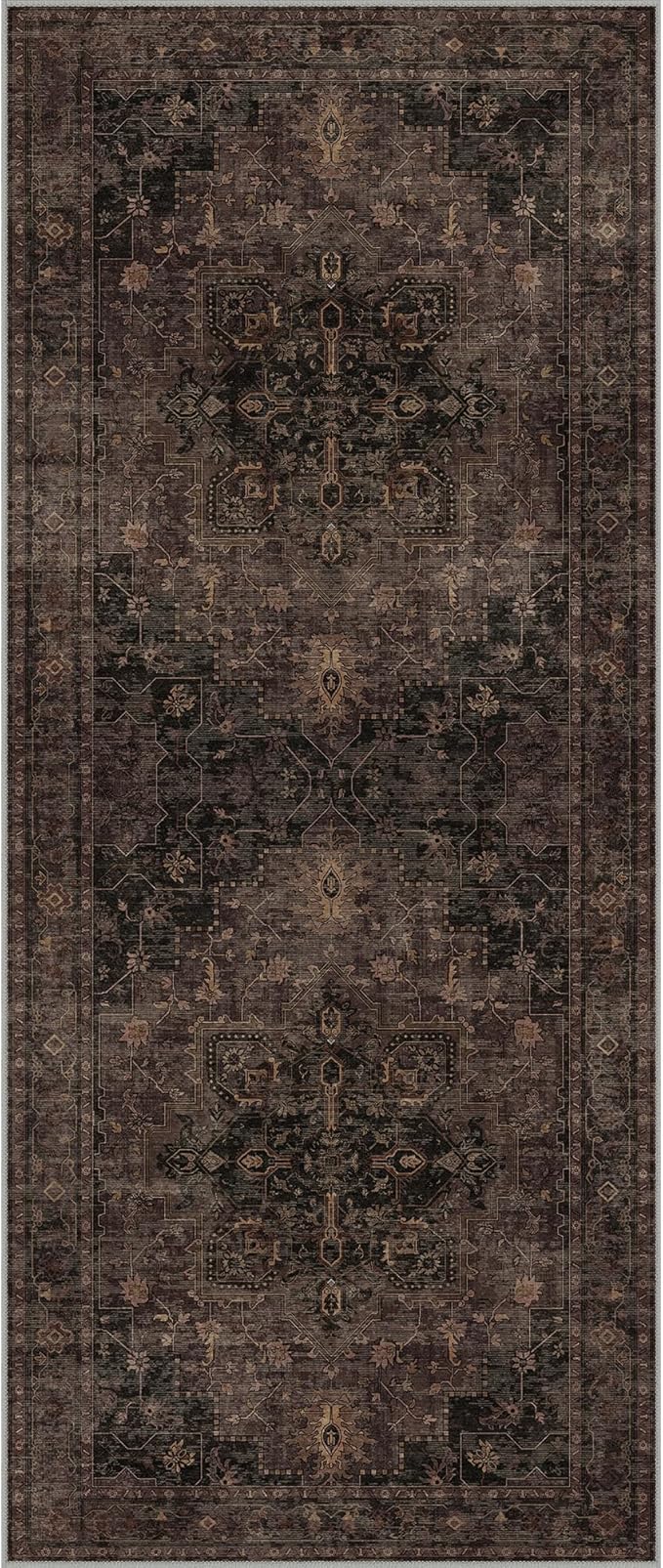 GENIMO 2'6"x6 Runner Rugs for Hallway, Machine Washable Non Slip Vintage Rugs, Low Pile Lightweight Soft Print Rug for enrtyway, Corridor, Home, Office, Kitchen, Charcoal Brown