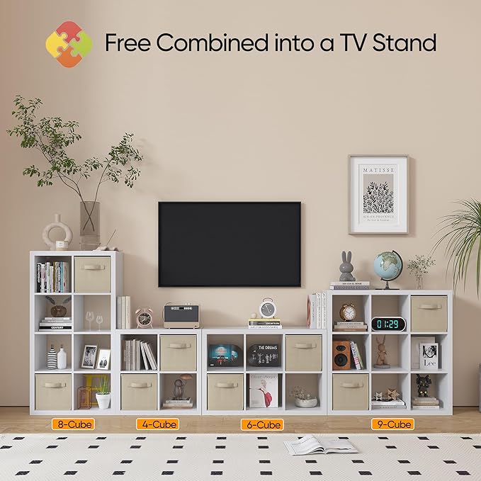 Bookshelf with Storage Bin, 6-Cube Storage Organizer, Modern Wood Open Bookcase, Multifunctional Display Cubicle Shelf for Living Room, Bedroom, Home Office, White