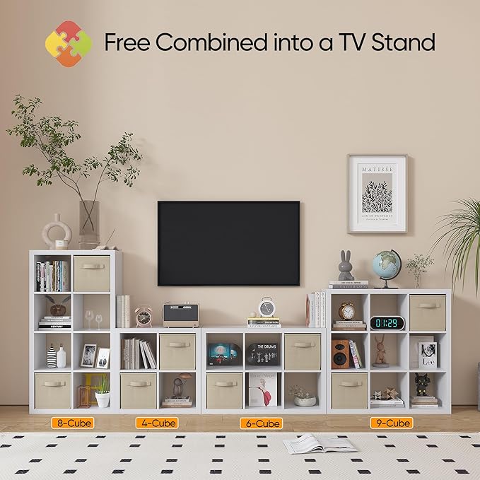 furtble Bookshelf with Storage Bin, 4-Cube Storage Organizer, Modern Wood Open Bookcase, Multifunctional Display Shelf for Living Room, Bedroom, Home Office, White