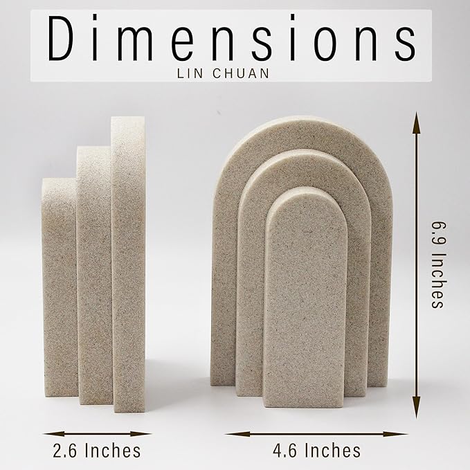 LIN CHUAN Heavy Duty Bookends for Shelves, 6.6 LBS Heavy Book Ends for Heavy Books, Decorative Modern Bookends with Faux Sandstone Look, Layered Arch Book Stopper for Bookshelf Holder Set of 2, Beige