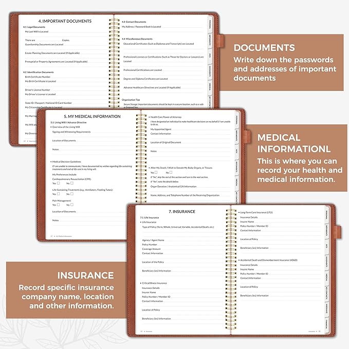 SUNEE End of Life Planner - I‘m Dead Now What Planner, Large Print Spiral-Bound Estate Organizer with Tabs for Seniors & Family. Covers Final Wishes, Passwords & Funeral Planning.A4（9"x11.2"), Brown
