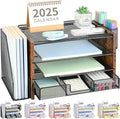 OPNICE Desk Organizer, 4-Tier Desktop File Organizer with Drawer and 2 Pen Holders, Office Desk Accessories, File Sorters, Workspace Organizers for Office Supplies(Brown Wood)