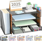 OPNICE Desk Organizer, 4-Tier Desktop File Organizer with Drawer and 2 Pen Holders, Office Desk Accessories, File Sorters, Workspace Organizers for Office Supplies(Brown Wood)