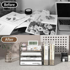 FANXIYQ Acrylic Paper Organizer with Movable Bookends, 4-Tier Stackable Paper Tray for Desk, Brown Clear File & Letter Tray Organizer Office
