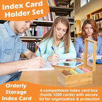 4x6 Index Card Holder with Dividers Bamboo Index Card Organizer Box 4 Compartments Flash Cards Holder with Lid 150 Index Flash Cards 25 Index Cards Dividers 2 Letter Smile Stickers for Office Business