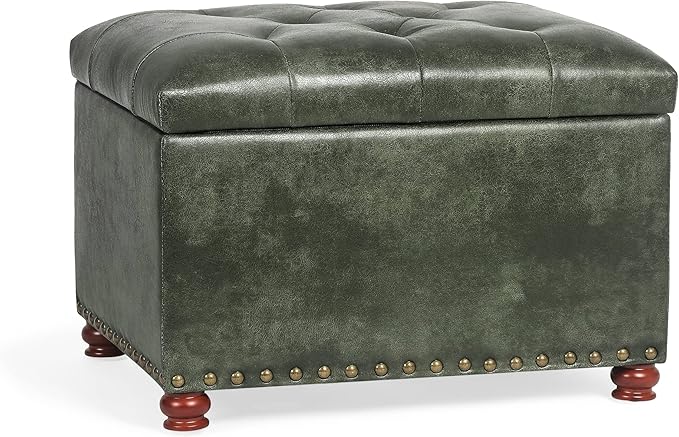 Decent Home 24'' Leather Ottoman with Storage Rectangle Foot Rest Ottomans Stool for Living Room(Green,Leather Texture)