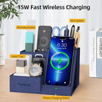 TopMade Wireless Charger with Desk Nightstand Organizer, Leather Pen Pencil Holder Bedside Fast Charging Station, for iphone Charging Stand Office Supplies Desk Accessories, Gifts for Men(Blue)