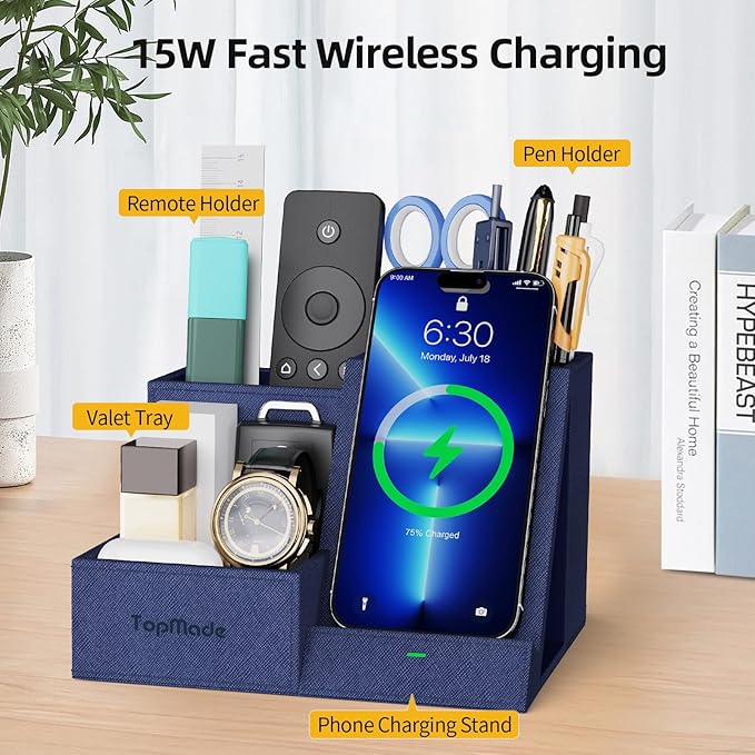 TopMade Wireless Charger with Desk Nightstand Organizer, Leather Pen Pencil Holder Bedside Fast Charging Station, for iphone Charging Stand Office Supplies Desk Accessories, Gifts for Men(Blue)