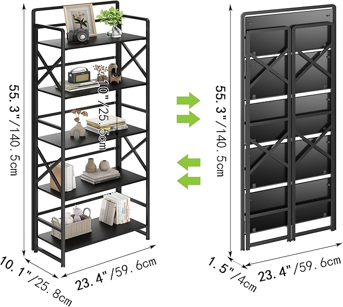 THKKY No Assembly Folding Bookshelf, 5 Tiers Vintage Wood Collapsible Book Shelf for Storage,Industrial Metal Foldable Bookcase Organizer for Living Room Bedroom Home Office (Black)