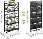THKKY No Assembly Folding Bookshelf, 5 Tiers Vintage Wood Collapsible Book Shelf for Storage,Industrial Metal Foldable Bookcase Organizer for Living Room Bedroom Home Office (Black)