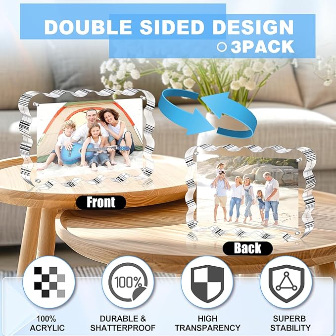 Aheroi Acrylic Picture Frames, 3 Pack 4x6 Clear Scalloped Photo Frame Freestanding Magnetic Double Sided Picture Frames, Transparent Thickened Frameless Acrylic Sign Holder, No Instal, Gifts Choice