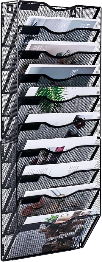 Solinxe Wall File Holder, 10 Pockets Hanging File Folder, Paper Organizer Storage, Document Rack, Mail Holder, Magazine Rack, Wall Organizer for Office, Black