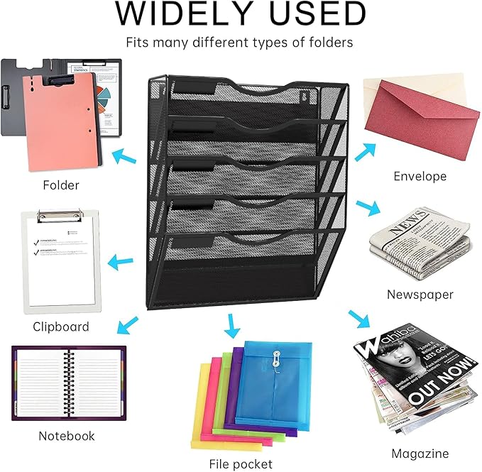 LQPAFZ 5-Tier Magnetic File Holder, No Drilling Installation File Cabinet Organizer, Black Magnetic File Organizer, Magazine Rack, Magnetic Paper Holder for Refrigerator, File Cabinets, Whiteboard