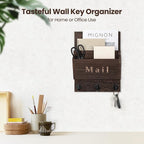 Lucundm Mail and Key Holder - Decorative 9.8" x 12.5" Wall Key Hanger with 2 Mail Organizer Slots and 3 Hooks - Real Paulownia Wood with Keyhole Brackets, Hardware and Instructions (Brown)