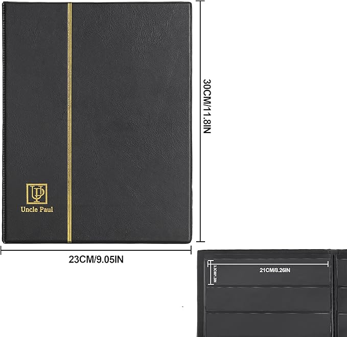 Stamp Albums 140 Pockets - Stockbooks with 35x197mm Sleeves, 10 Double Sided Black Page with Leatherette Padded Black Cover, Collection Storage Folder for Paper Money Postage Stamps AS0107BK