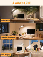 ReinHoo Clip on Light,9 Brightness+5 Color Rechargeable Desk Lamp,4000mAh Battery Operated Lights,450 Lumen 48 LED Desk Lamp with Clamp Light,Cordless Reading Lamps for Bed/Headboard/Bedside Table