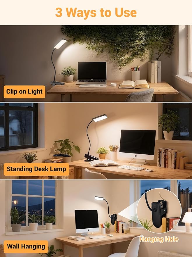 ReinHoo Clip on Light,9 Brightness+5 Color Rechargeable Desk Lamp,4000mAh Battery Operated Lights,450 Lumen 48 LED Desk Lamp with Clamp Light,Cordless Reading Lamps for Bed/Headboard/Bedside Table