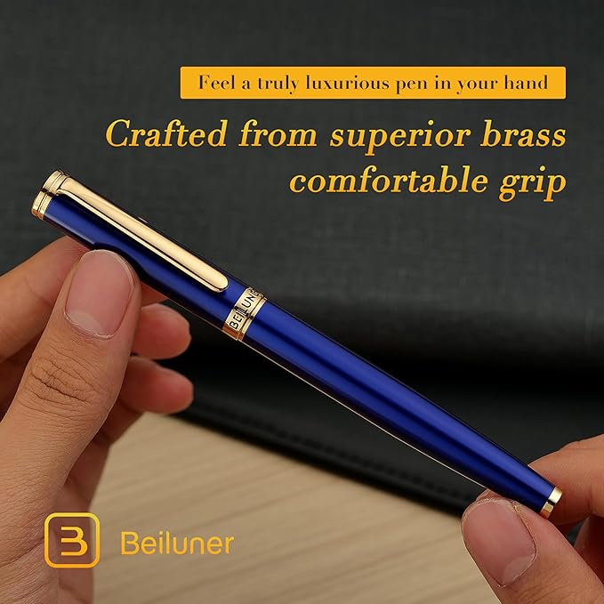 BEILUNER Blue Fountain Pen,Stunning Luxury Pens with 24K Gold Accents, Gorgeous 24K Gilded Nib(Extra Fine), Fancy Pen Gift for Men&Women -Ink Converter-Elegant, Reliable,Graduation Presents, Nice Pen