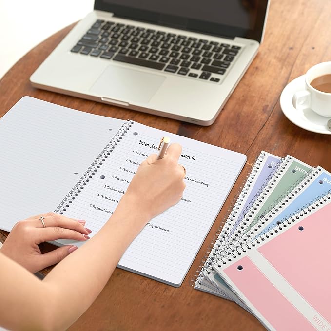 SUNEE Spiral Notebooks Wide Ruled, 1-Subject, 4 Pack, 8 x 10-1/2 in, 70 Sheets, 3-Hole Punched 70gsm Paper, Pastel Pink, Purple, Blue, Green for School, Home & Office, Writing Journal