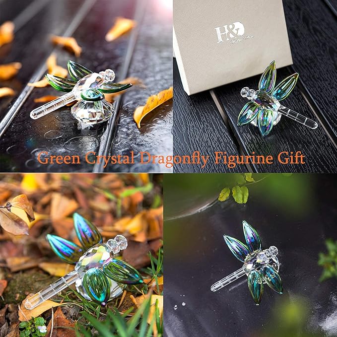 H&D HYALINE & DORA Crystal Dragonfly Animal Figurine Gift,Diamond Decor Christmas Wedding Party Home Collectible Paperweight,Green