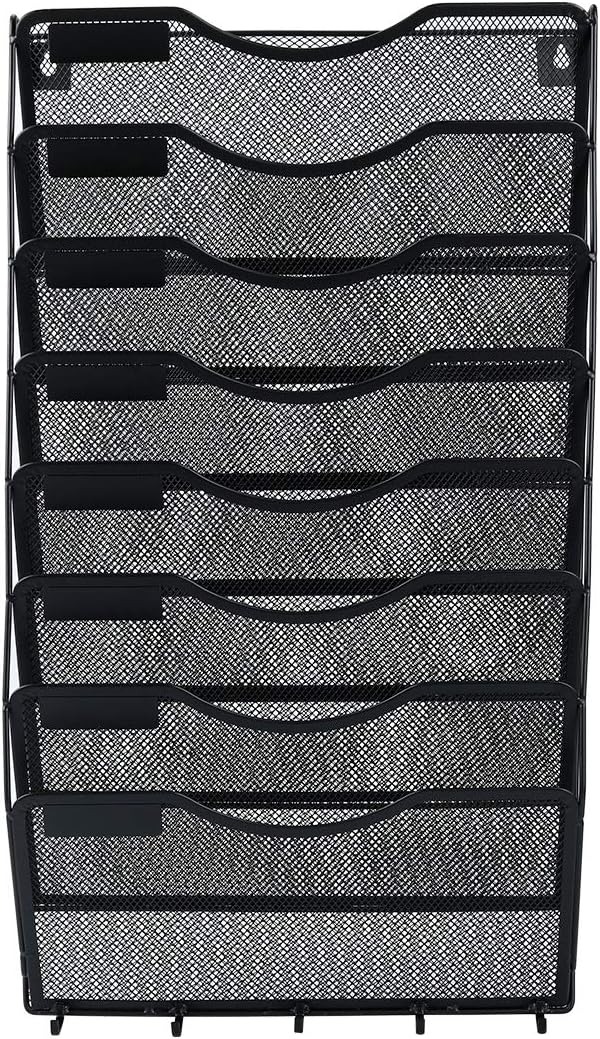 EasyPAG 8 Pocket Mesh Wall File Organizer with Key Hooks, Hanging Paper Folder Holder with Classify Label, Vertical Wall Mount Mail Organizer for Office Home Classroom, Black