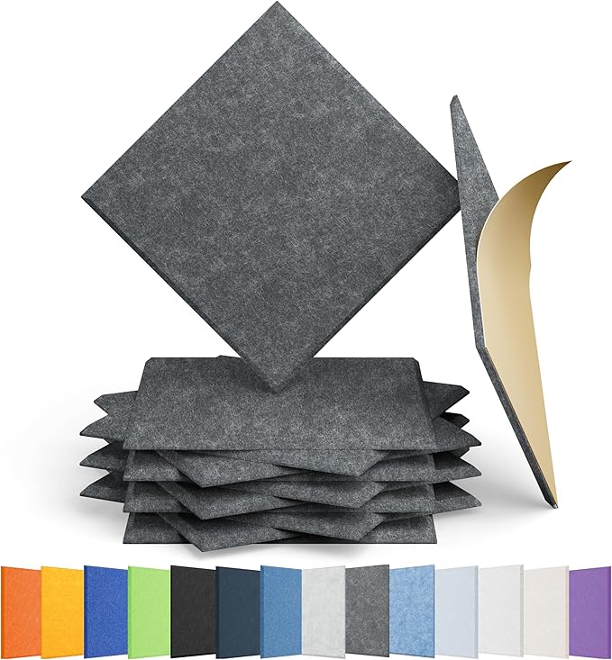Amantech 12 Pack Acoustic Panels Self Adhesive Sound Proof Foam, High Density Sound Acoustic Panel, 12X12X0.4 Inch Square Panels in Home, Office, Reccording Room, Studio,and more(Moonlight Grey)