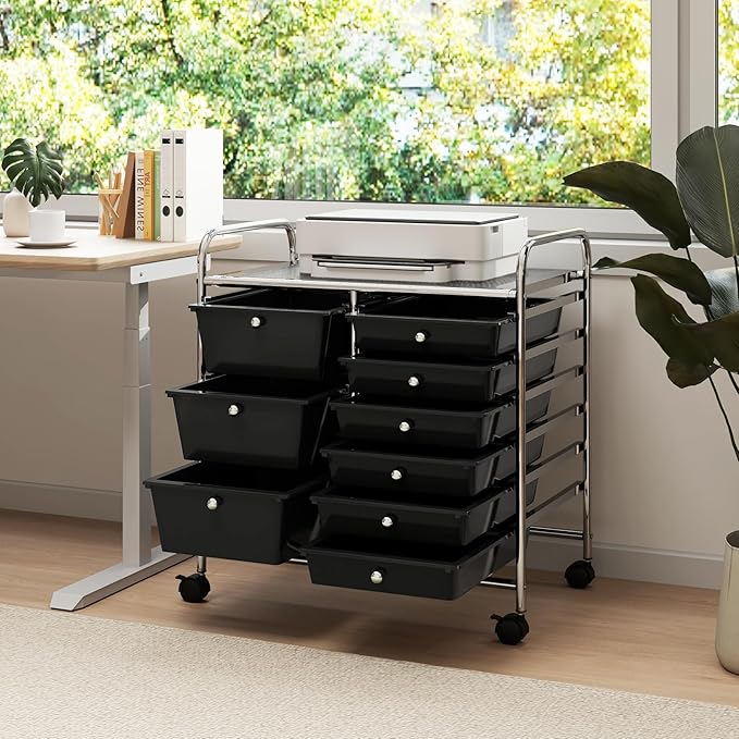 LDAILY 9 Drawer Rolling Storage Cart, Rolling Cart with Drawers for Classroom, Art Supply Craft Organizer on Wheel with Metal Frame & Handles for Home Office School
