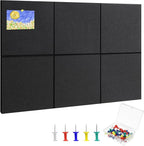 Large Cork Board 28" x 19", 6 Pack Felt Wall Tiles with Colored Pushpins, Bulletin Boards with Removable Self-Adhesive Strips, Pin Board Cork Boards for Walls Office Home-Black