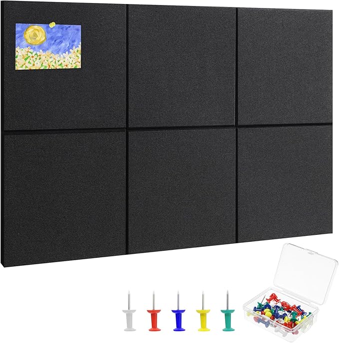 Large Cork Board 28" x 19", 6 Pack Felt Wall Tiles with Colored Pushpins, Bulletin Boards with Removable Self-Adhesive Strips, Pin Board Cork Boards for Walls Office Home-Black