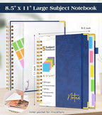 Spiral Notebook Journal with Removable Dividers Tabs, 300 Pages Hardcover Leather 5 Subject College Ruled Notebook, 8.5"x11" Large A4 Lined Journal for Women Men, Spiral Notebook for Work School, Navy