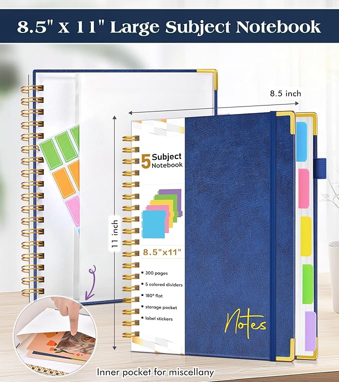 Spiral Notebook Journal with Removable Dividers Tabs, 300 Pages Hardcover Leather 5 Subject College Ruled Notebook, 8.5"x11" Large A4 Lined Journal for Women Men, Spiral Notebook for Work School, Navy