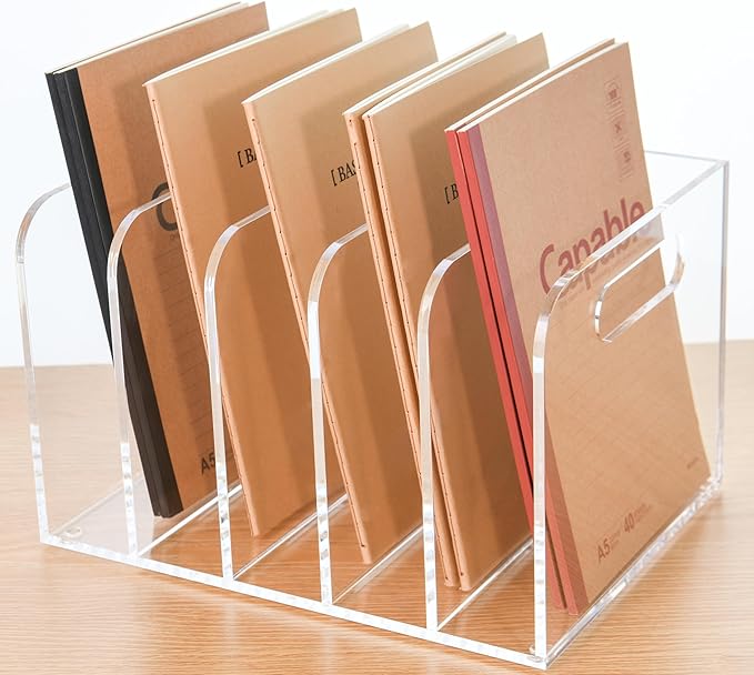 AIMOLLY Clear Acrylic Organizers - 5 Vertical Compartments Acrylic Folder Organizer & File Organizer, Desk Document Storage Bins for Magazines, Binders - Multipurpose Home Office Desk Organizer