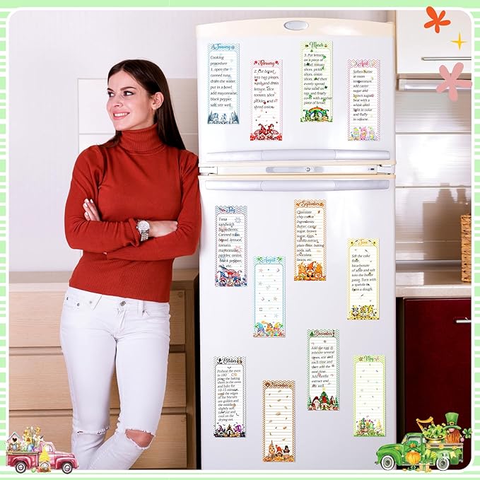 Eaasty 12 Pcs Seasonal Holiday Magnetic Notepads for Refrigerator Gnome Monthly Magnetic Grocery List 9 x 3.5" Magnet Memo Pads 30 Sheets Per Pad Shopping to Do List for January to December