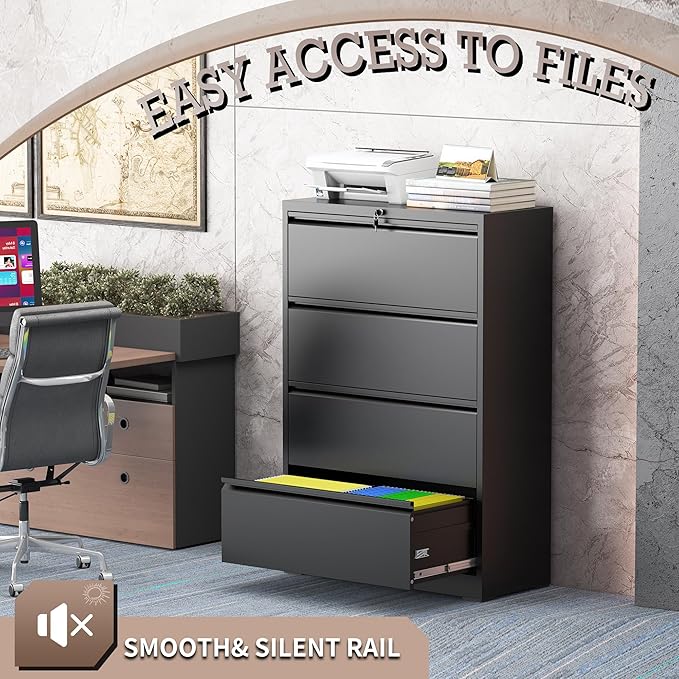 mysteeldepot 4 Drawer Lateral File Cabinet with Lock, Metal File Cabinet, Lateral File Cabinets for Home Office, Heavy Duty File Storage Cabinet for Legal/Letter/A4 Document, Assembly Required, Black
