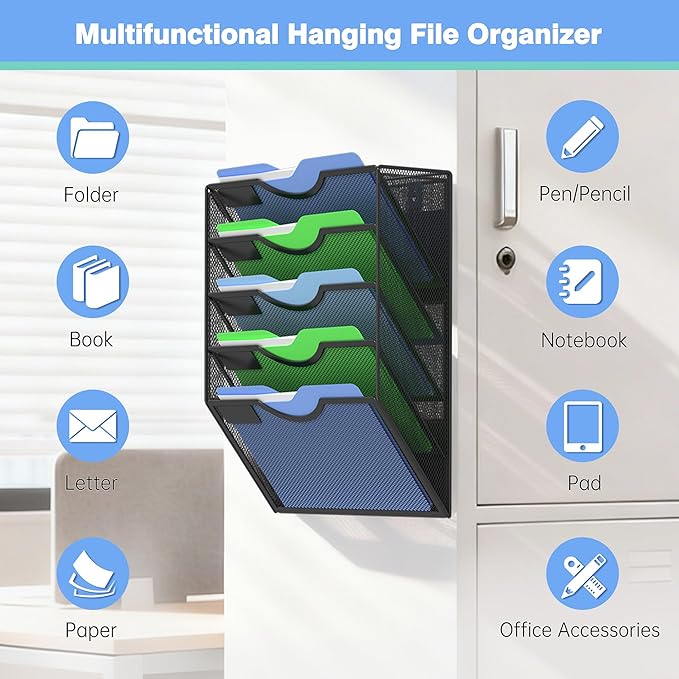Kuntine.B Wall File Organizer Office Hanging Magazine Holder Wall File Organizer for Office Home (Black, 5 Tier Magnetic)