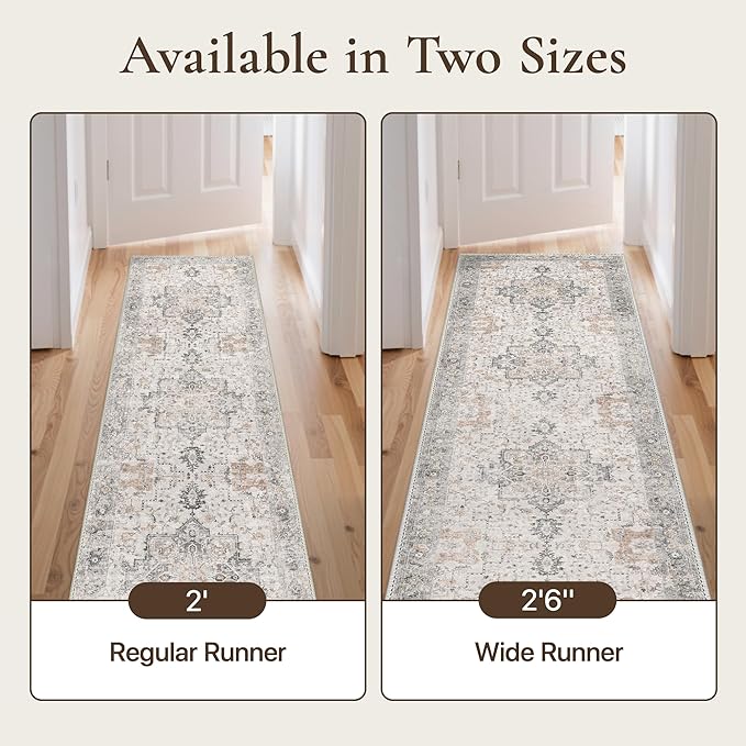 GENIMO Runner Rug 2'6"x6 Machine Washable Non Slip Vintage Hallway Runner Rug, Low Pile Lightweight Rugs for Indoor Entryway, Hallway, Kitchen and Corridor, Light Taupe Brown