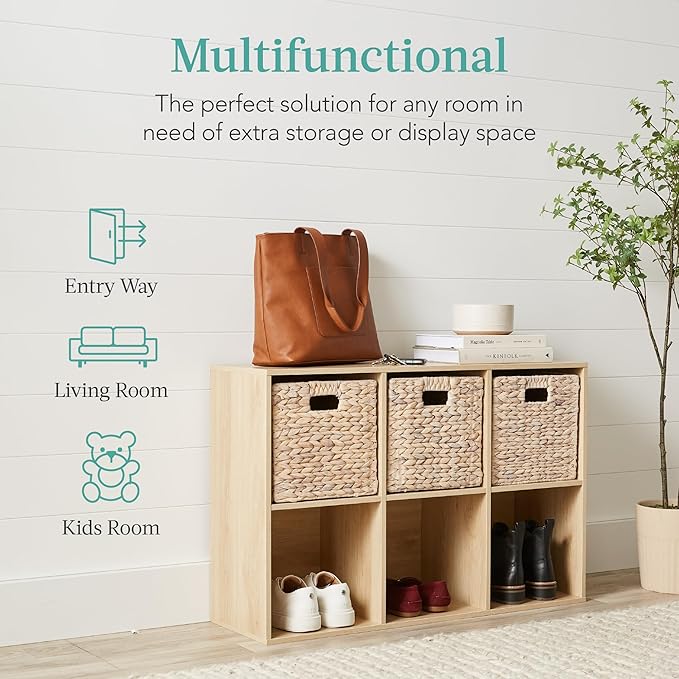 Best Choice Products 6-Cube Storage Organizer, 11in Shelf Opening, Bookcase, Display Shelf, Customizable w/ 3 Removable Back Panels – Light Oak