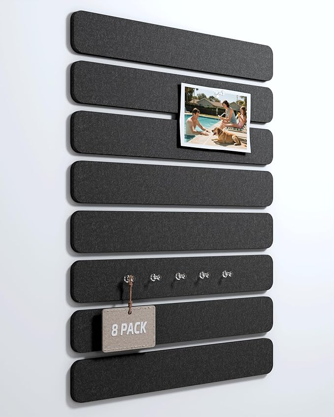 Fluxynara Cork Board Alternative Felt Strip Board 8-Pack 13"x2", Office Pin Board with 50 Push Pins, Adhesive Install for Bedroom Door & Home Office(Black)